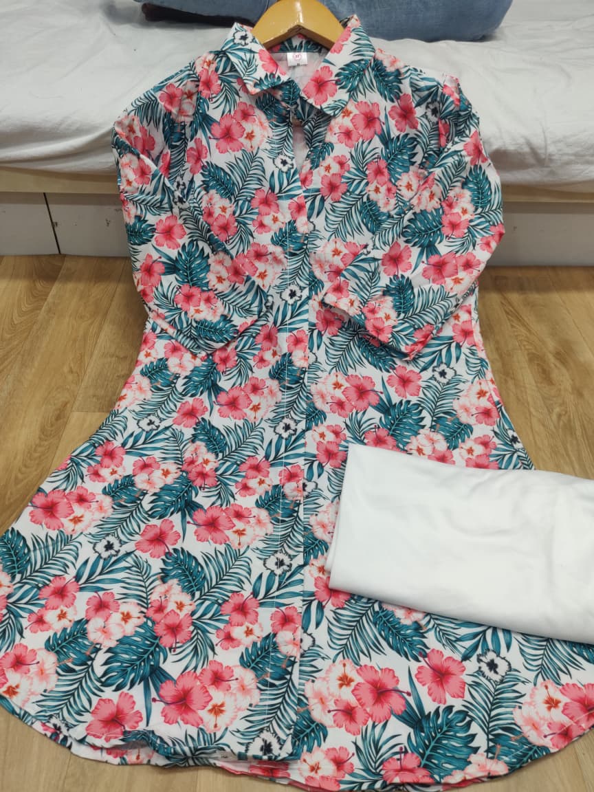 Pastel Floral Printed Long Kurti with White Palazzo Set