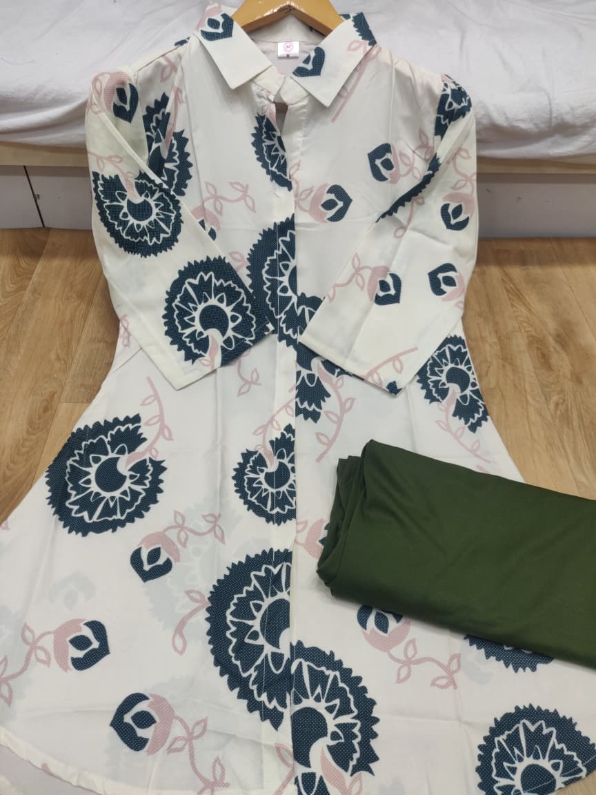 Ivory & Charcoal Floral Printed Long Kurti with Olive Green Palazzo Set