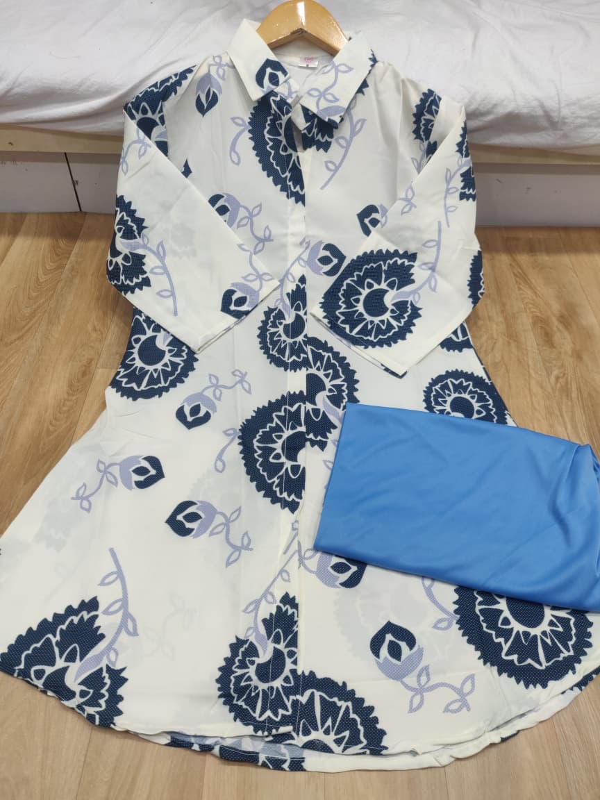 White & Indigo Floral Printed Long Kurti with Sky Blue Palazzo Set