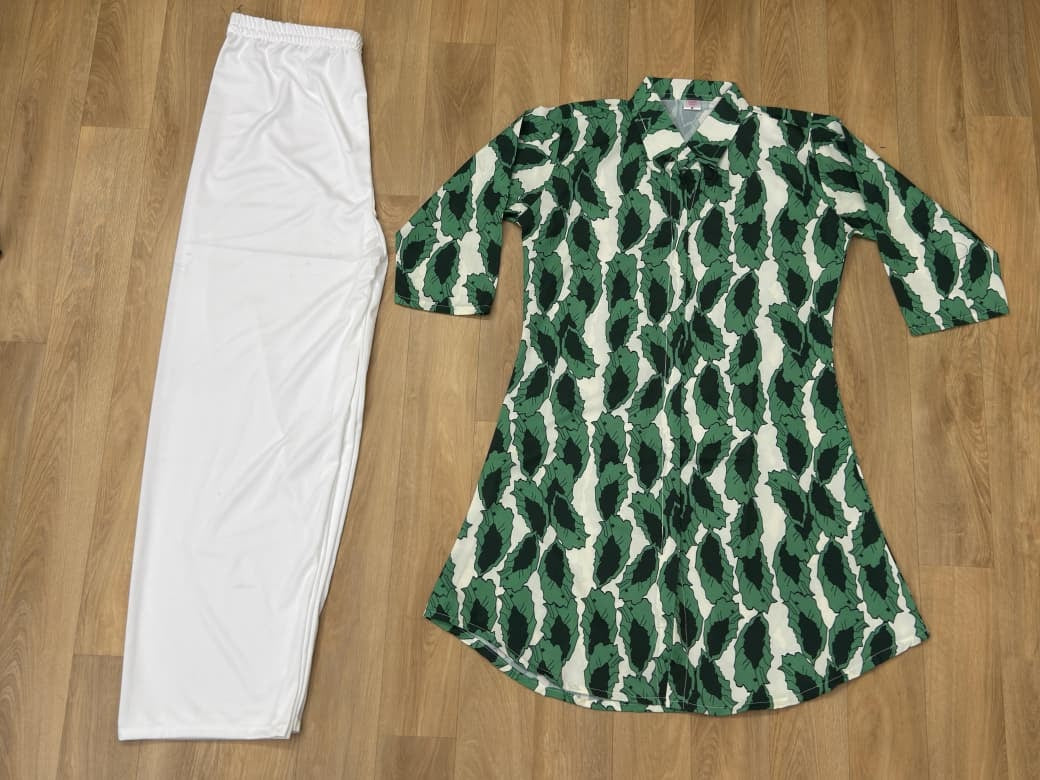 Premium Reyon Leaf-Print Long Kurti With Comfortable Palazzo
