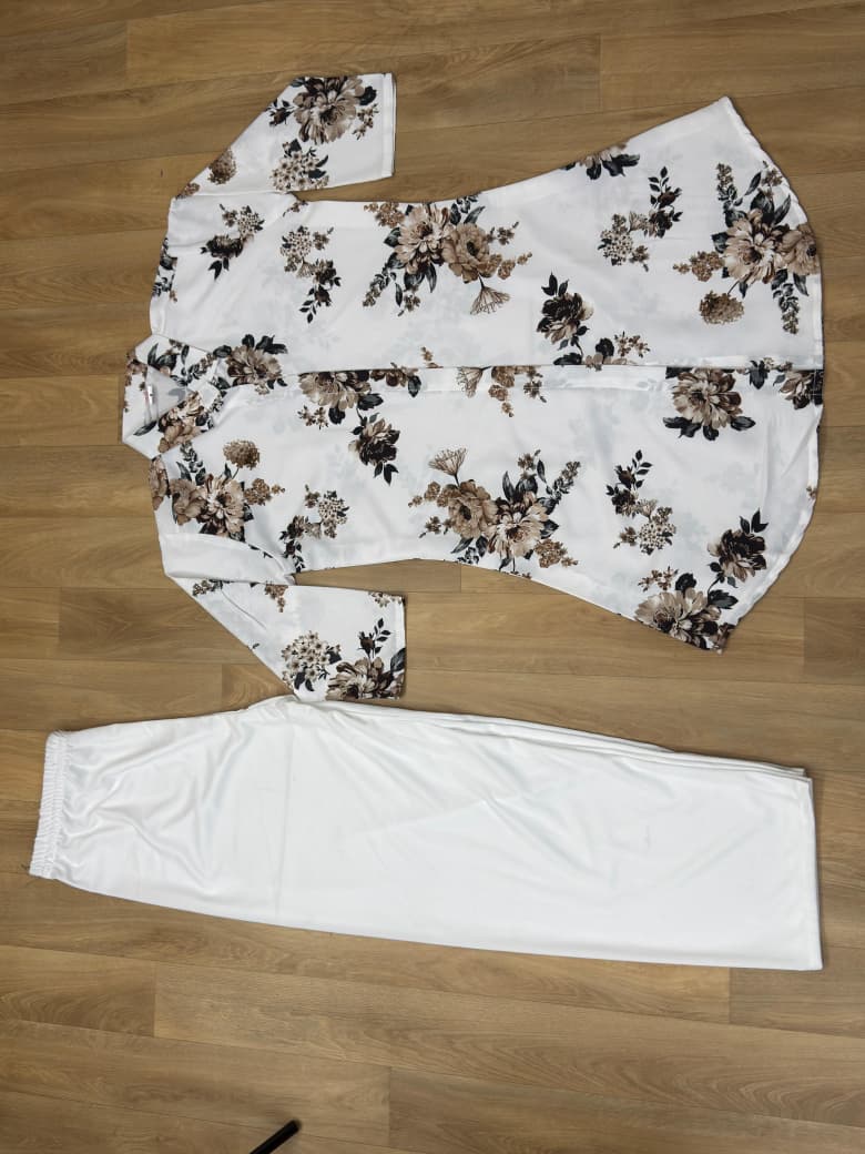 White Floral Long Kurti with Matching Palazzo