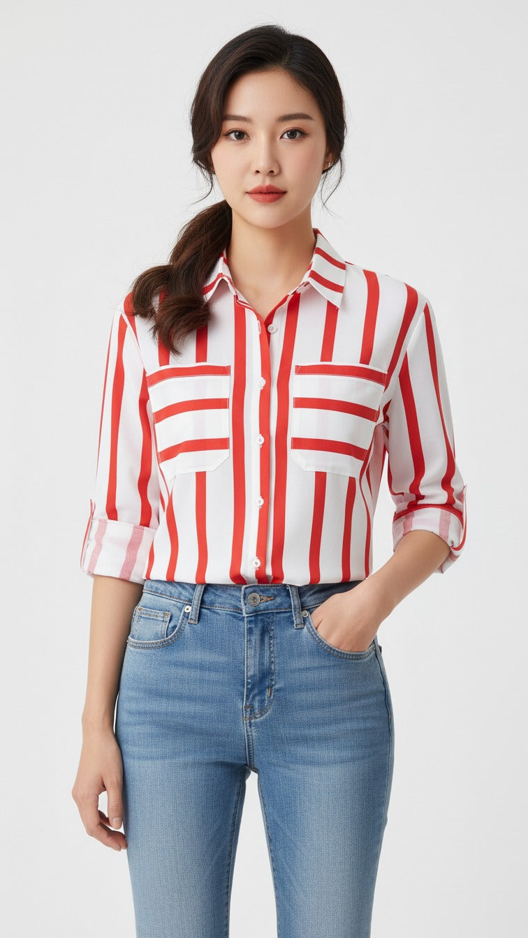 Premium Red Striped Casual Shirt for Women
