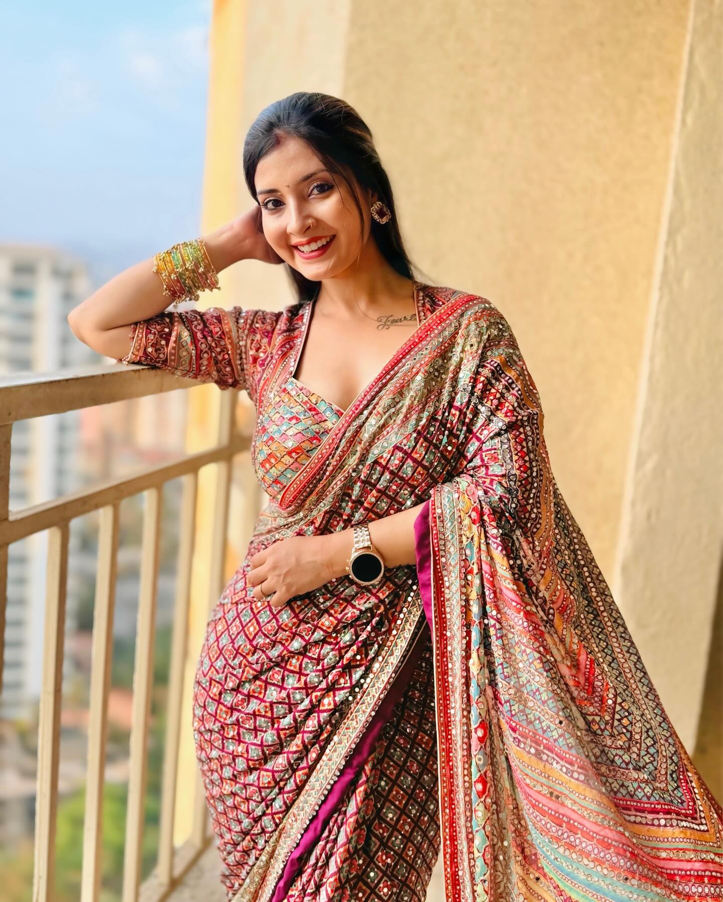 MULTICOLOR CHINON SILK PRINTED MIRROR WORK SAREE