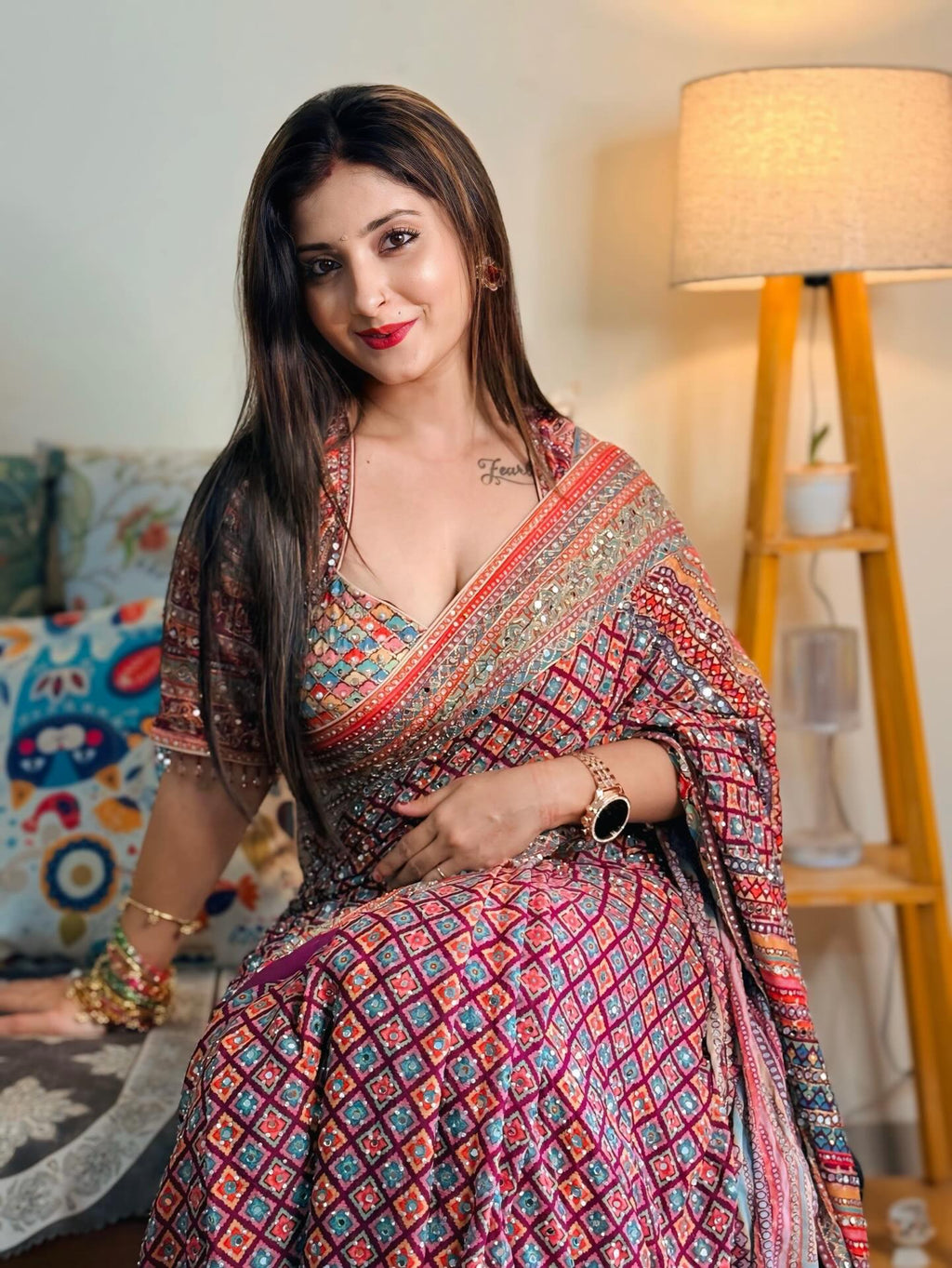 MULTICOLOR CHINON SILK PRINTED MIRROR WORK SAREE