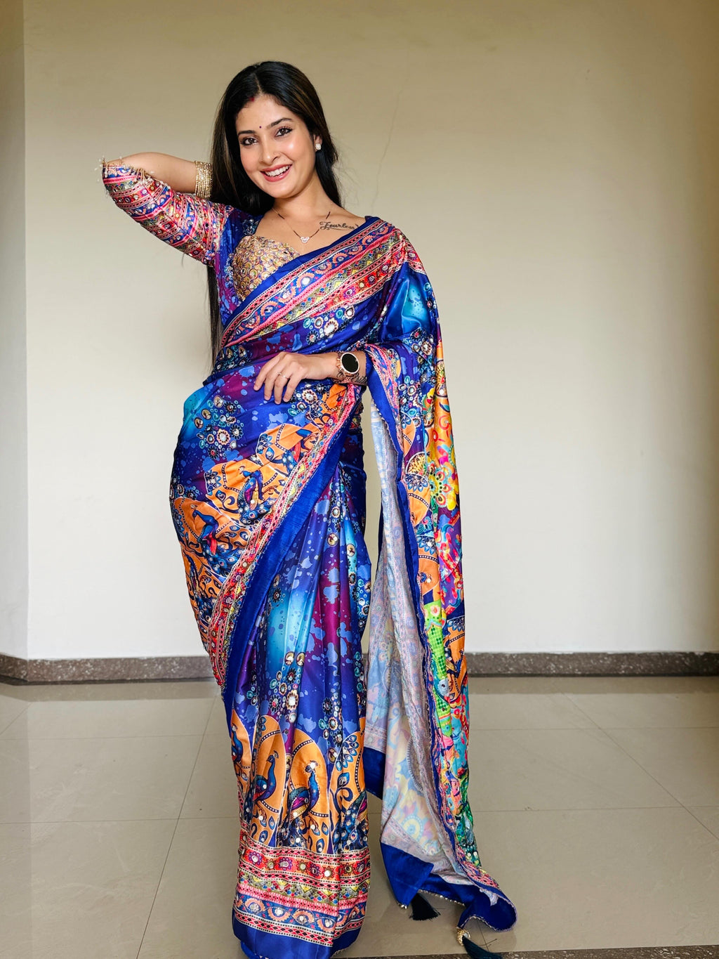 MULTICOLOR CHINON SILK PRINTED MIRROR WORK SAREE