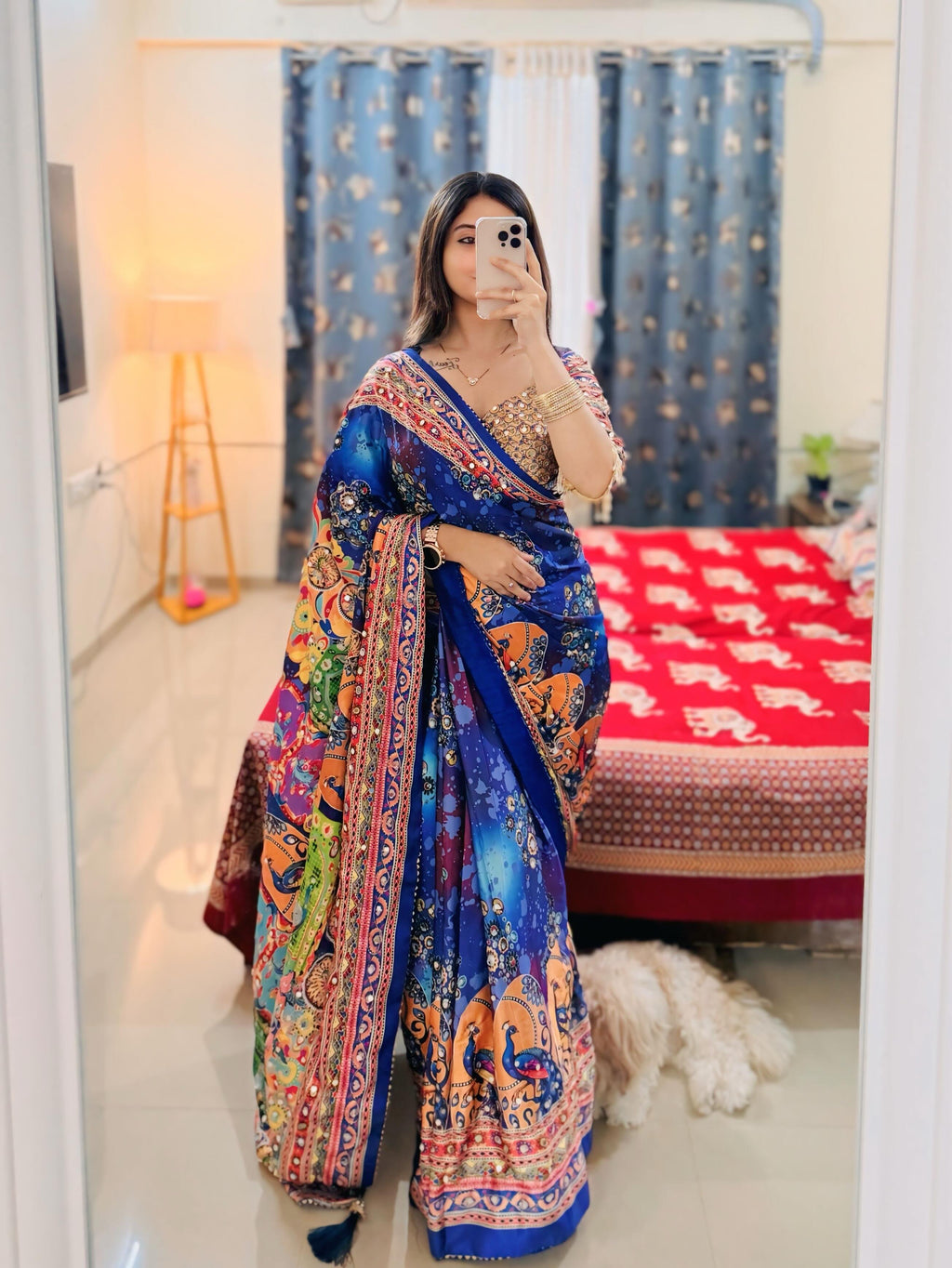 MULTICOLOR CHINON SILK PRINTED MIRROR WORK SAREE