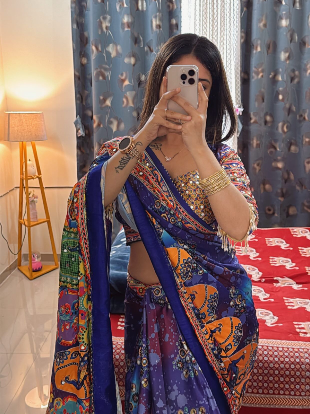 MULTICOLOR CHINON SILK PRINTED MIRROR WORK SAREE