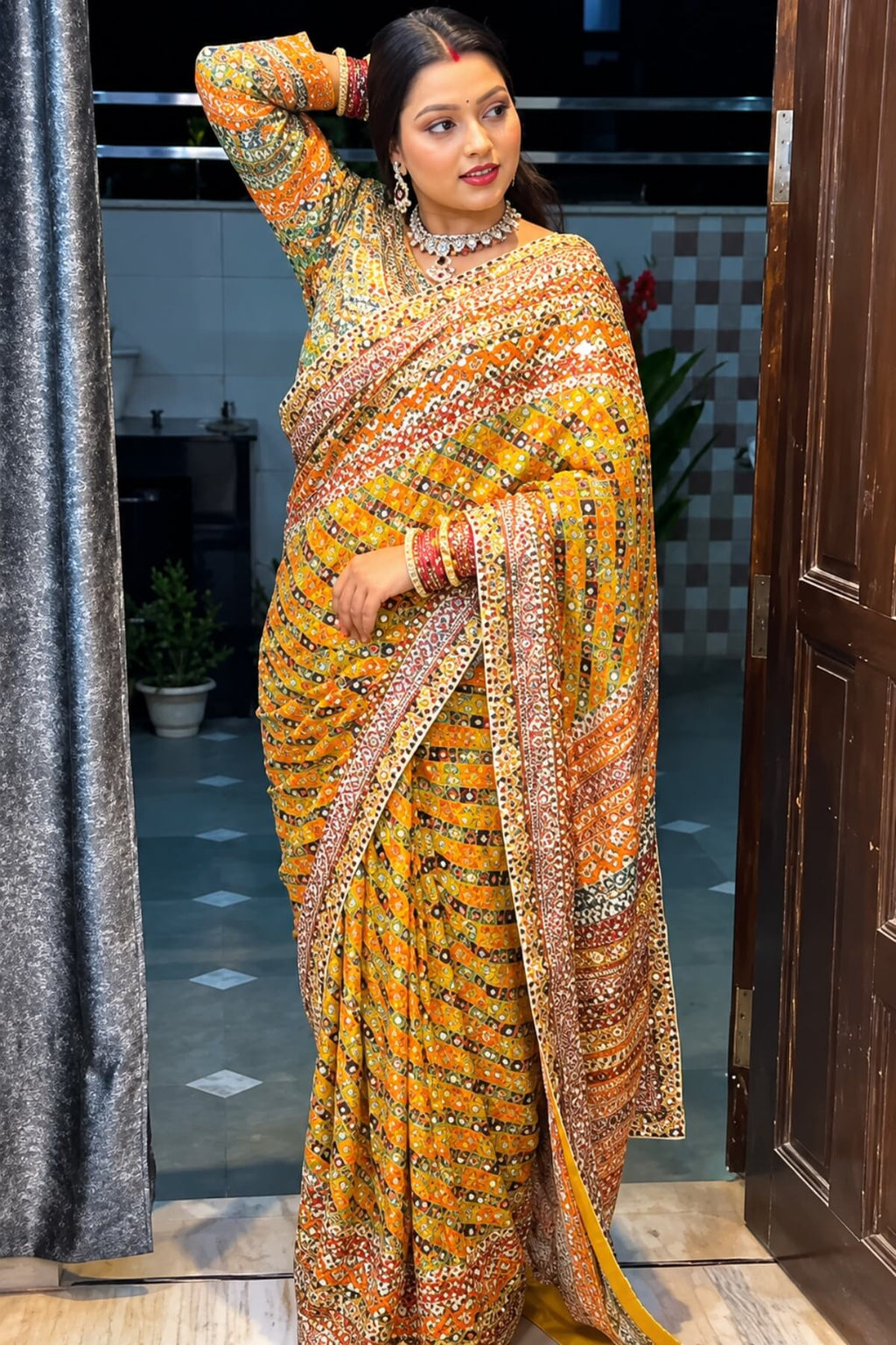 YELLOW CHINON SILK PRINTED MIRROR WORK SAREE