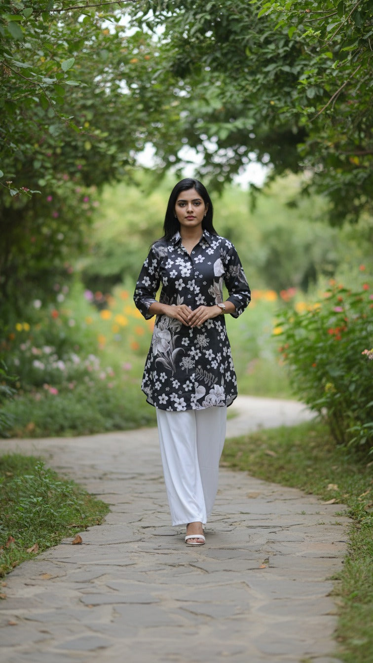 Women's Premium Black Floral Printed Kurti And  Palazzo Set