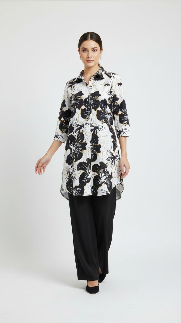Premium Floral Print Kurti with Black Straight Palazzo