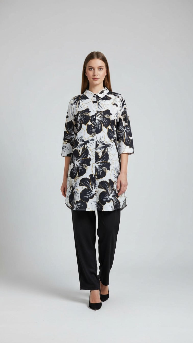 Premium Floral Print Kurti with Black Straight Palazzo