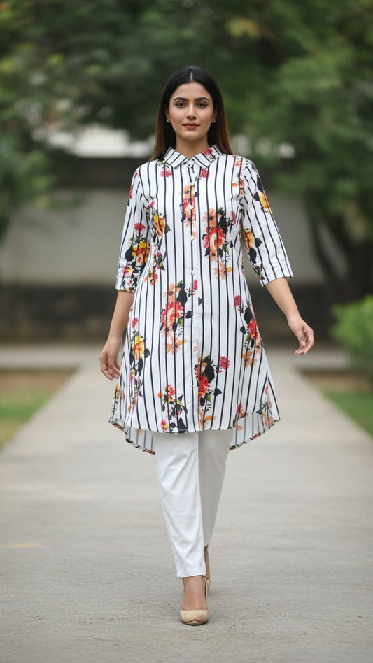 Premium Floral Print Kurti with White Straight Palazzo