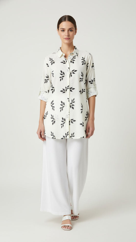 Elegant Leaf Print Kurti with Classic White Palazzo Set