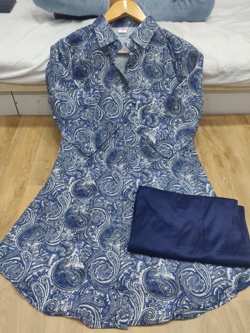 Indigo Paisley Printed Long Kurti with Navy Palazzo Set
