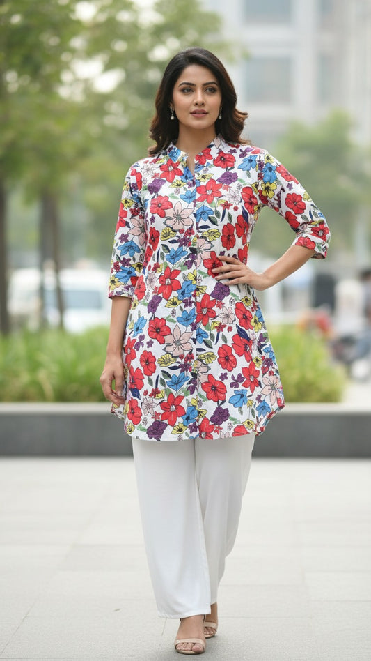 Multicolor Flower Design Set for Women Kurti with White Palazzo