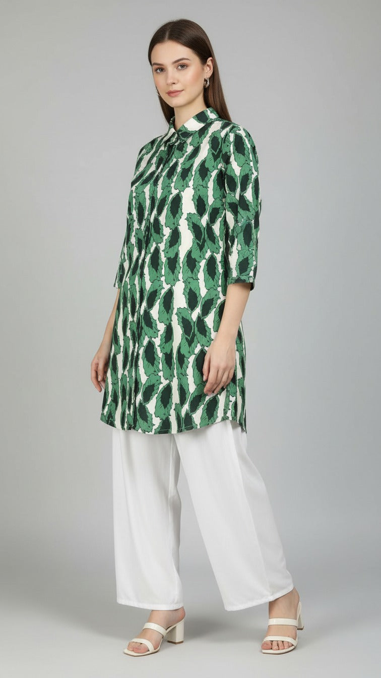 Premium Reyon Leaf-Print Long Kurti With Comfortable Palazzo
