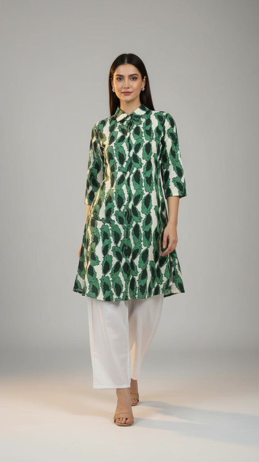 Premium Reyon Leaf-Print Long Kurti With Comfortable Palazzo