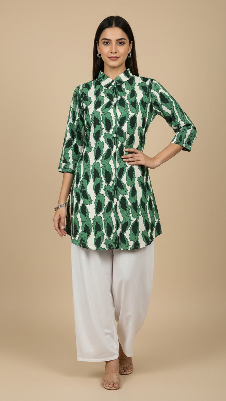 Premium Reyon Leaf-Print Long Kurti With Comfortable Palazzo