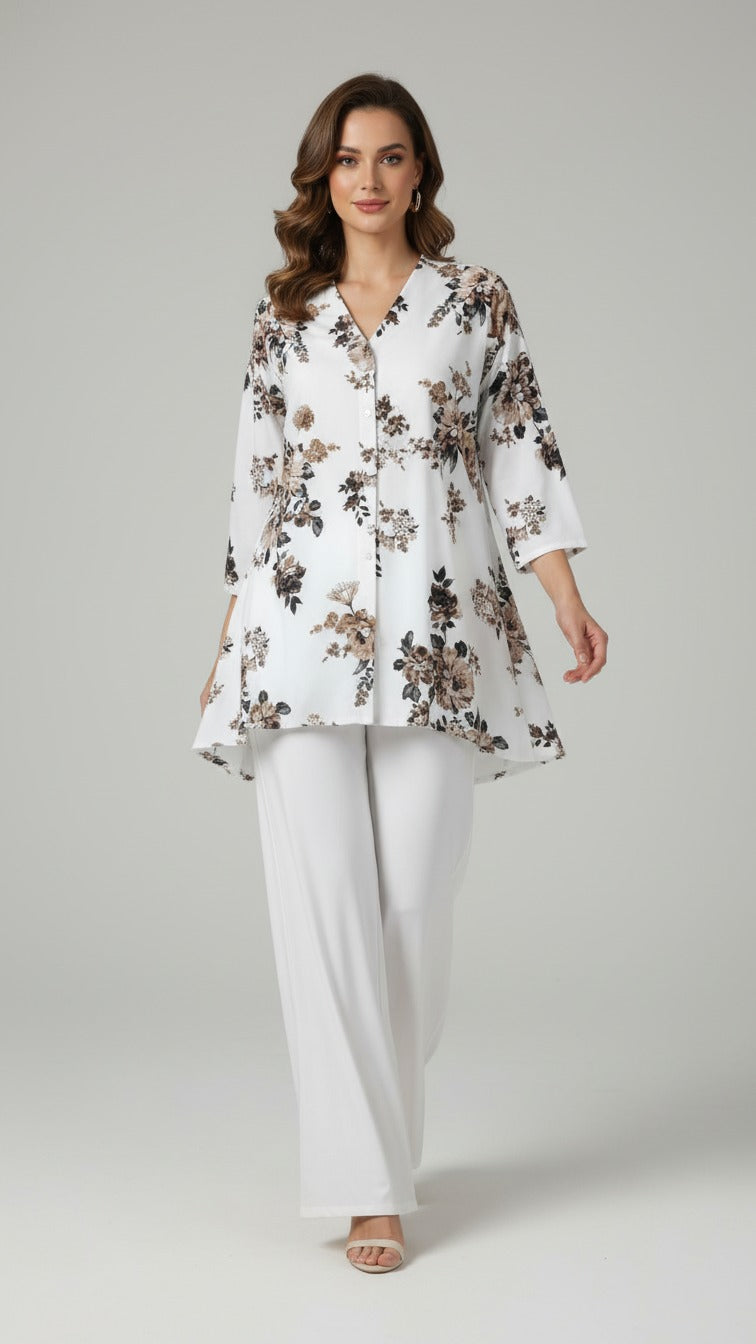 White Floral Long Kurti with Matching Palazzo