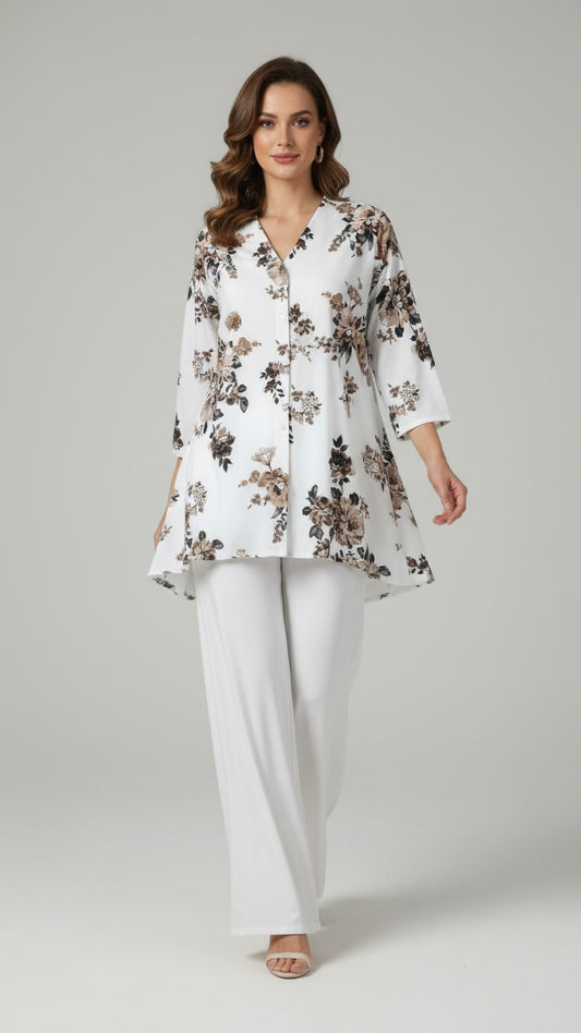 White Floral Long Kurti with Matching Palazzo