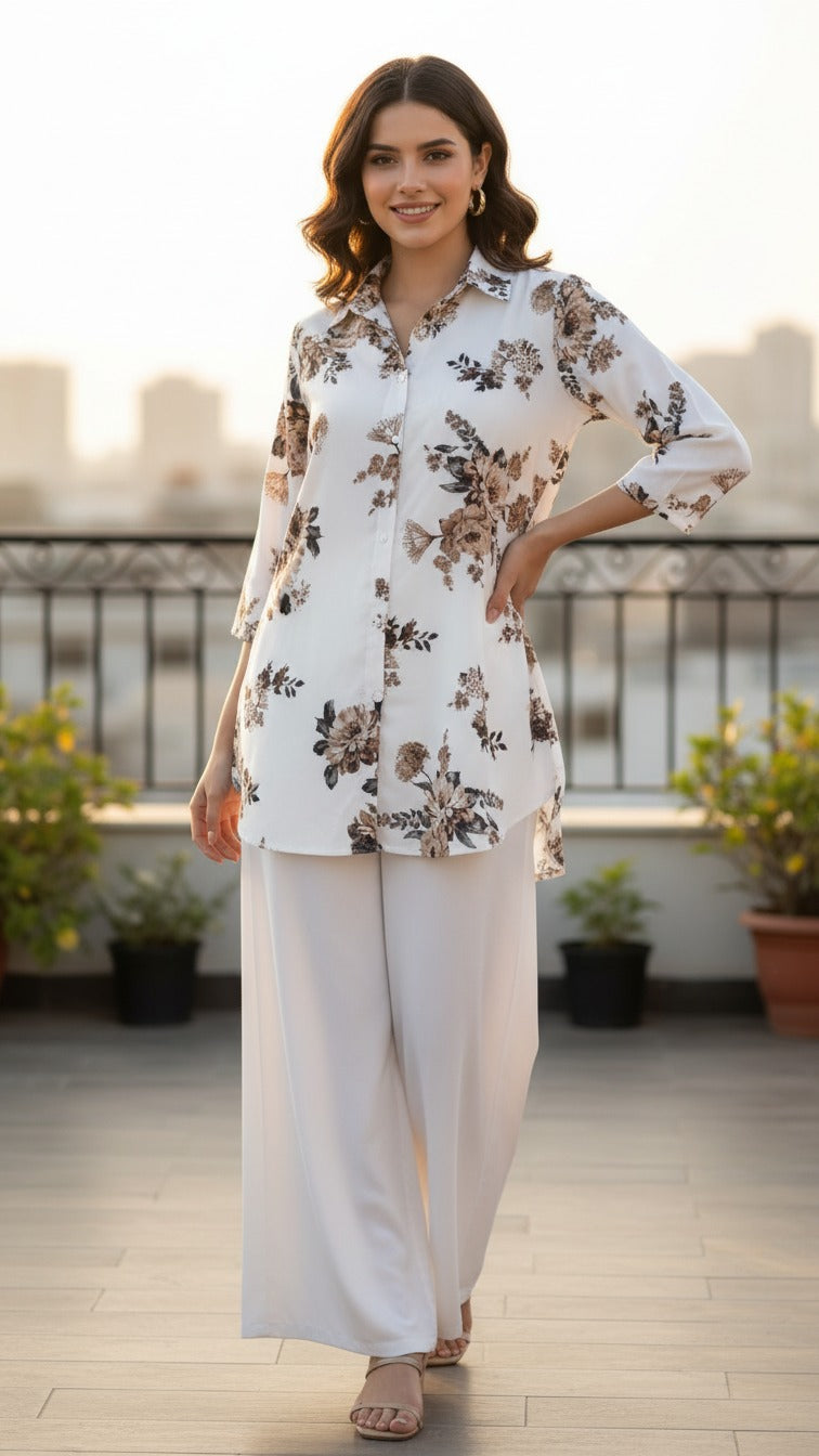 White Floral Long Kurti with Matching Palazzo
