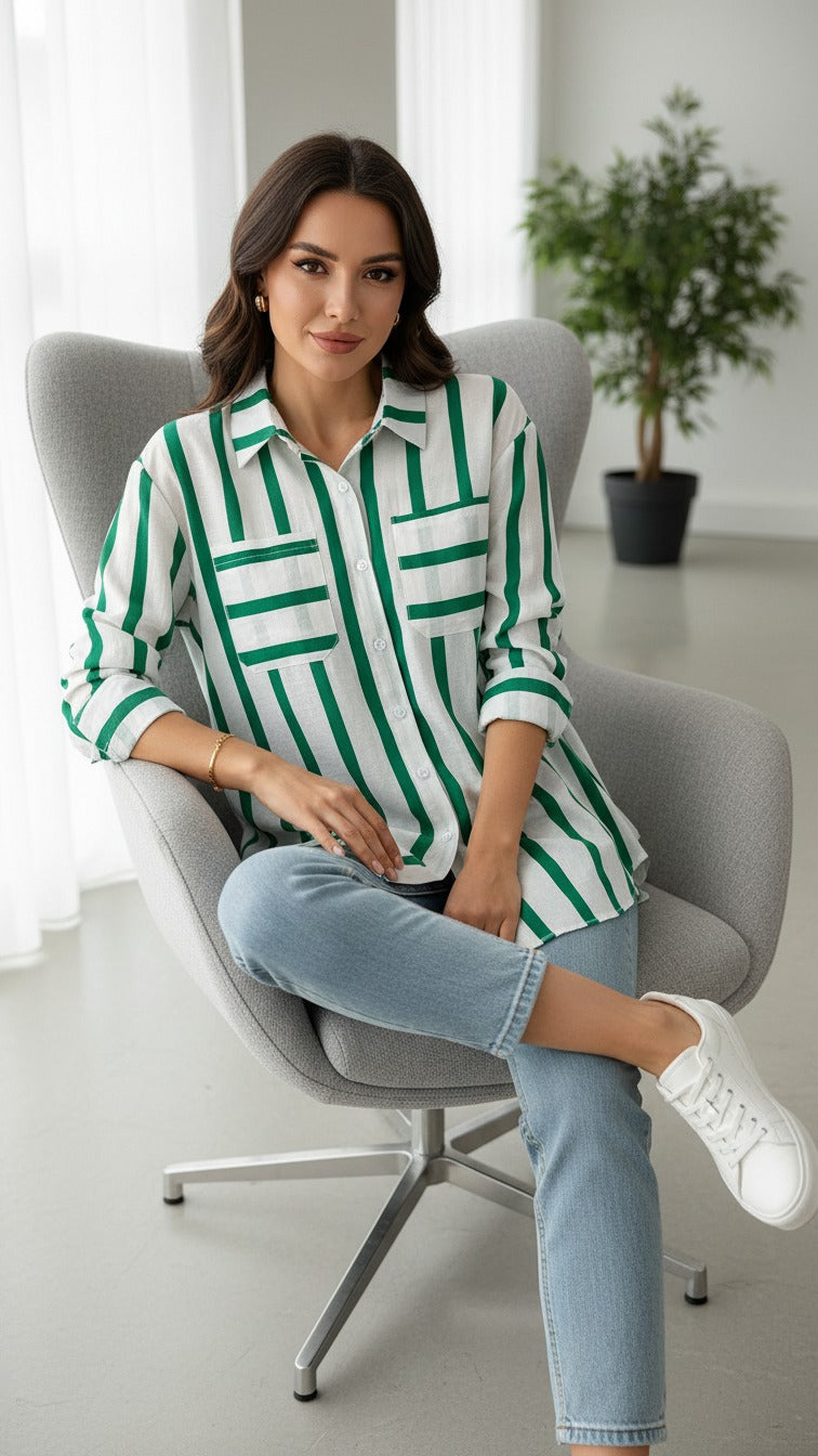 Premium Green  Striped Casual Shirt for Women
