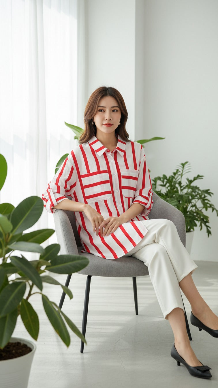 Premium Red Striped Casual Shirt for Women
