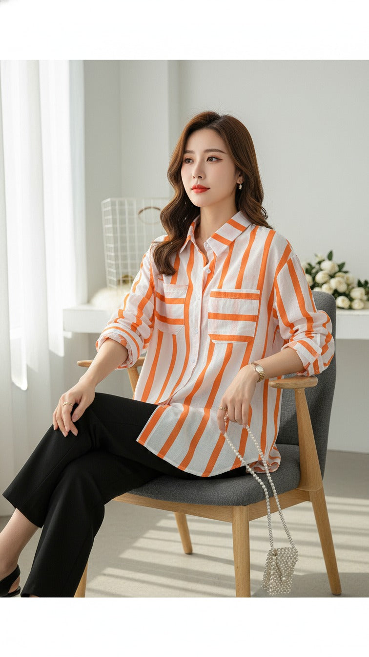 Premium Orange Striped Casual Shirt for Women