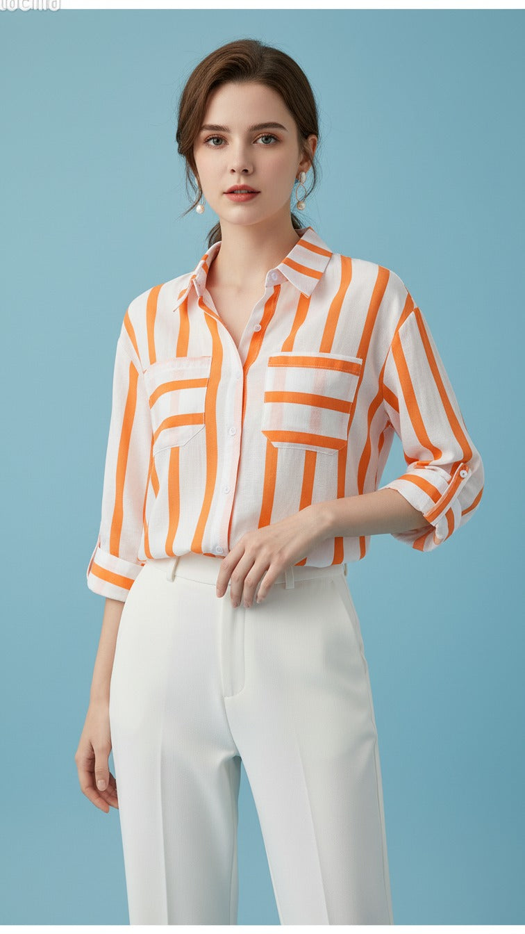 Premium Orange Striped Casual Shirt for Women