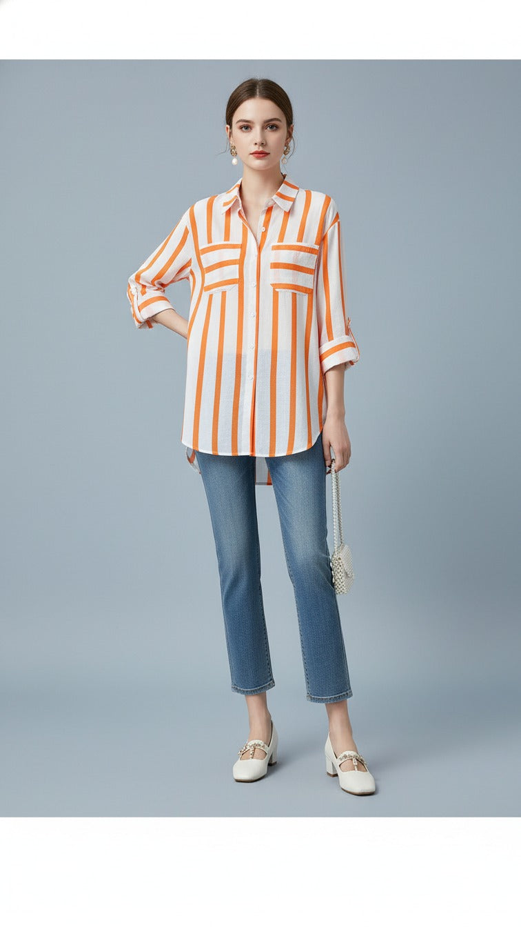 Premium Orange Striped Casual Shirt for Women