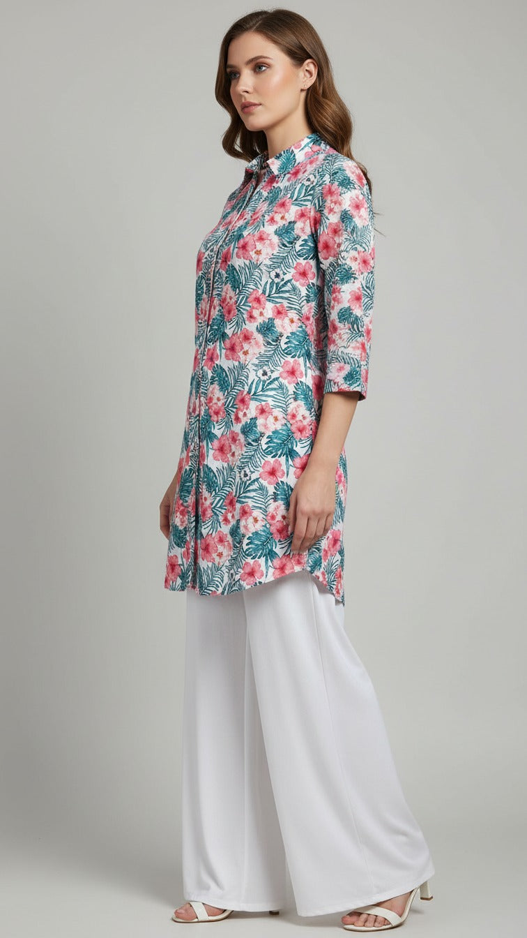 Pastel Floral Printed Long Kurti with White Palazzo Set