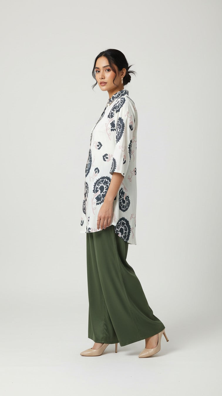 Ivory & Charcoal Floral Printed Long Kurti with Olive Green Palazzo Set
