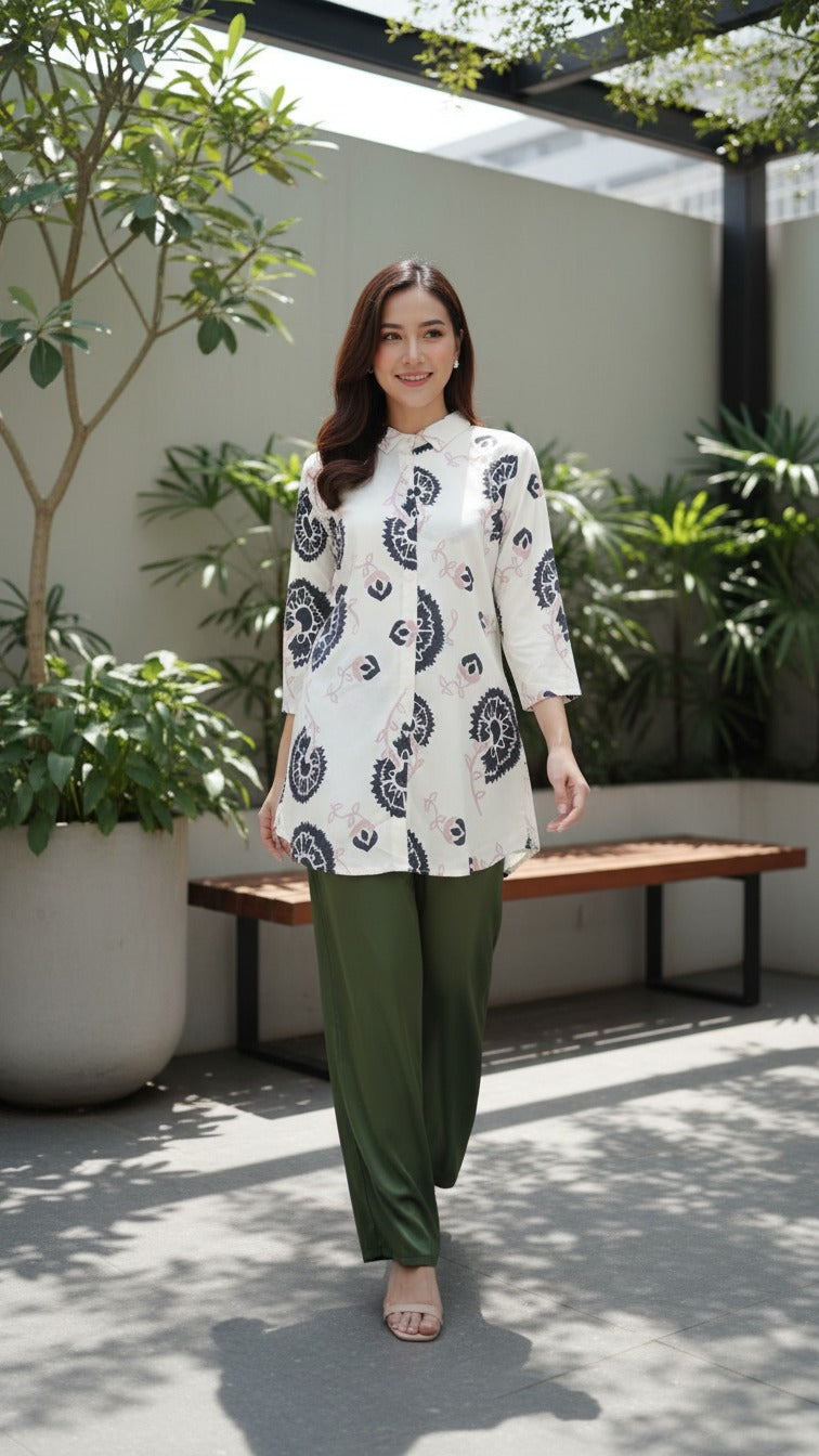 Ivory & Charcoal Floral Printed Long Kurti with Olive Green Palazzo Set