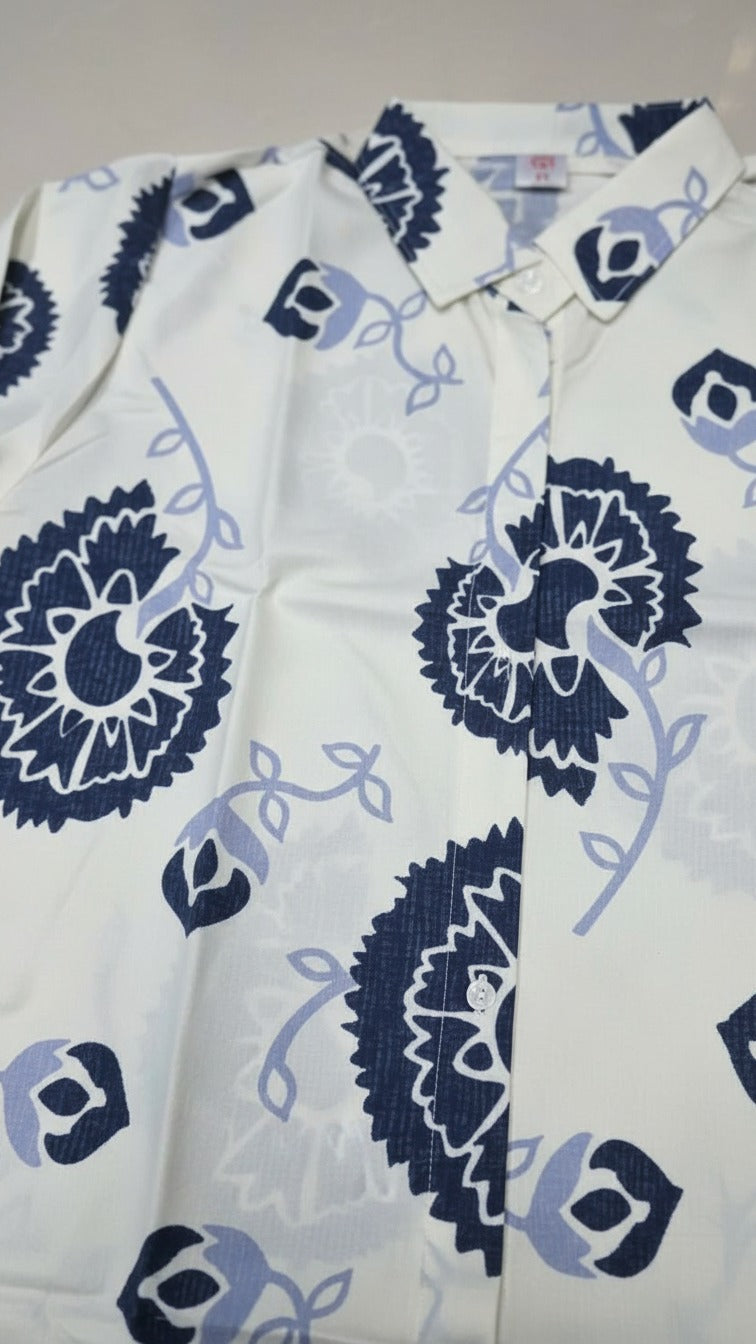 White & Indigo Floral Printed Long Kurti with Sky Blue Palazzo Set