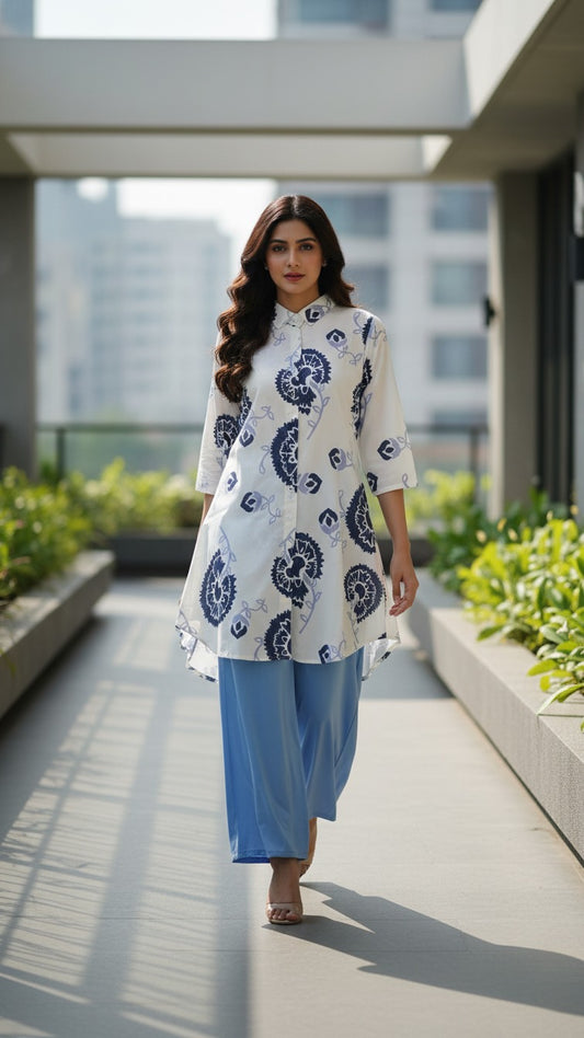 White & Indigo Floral Printed Long Kurti with Sky Blue Palazzo Set