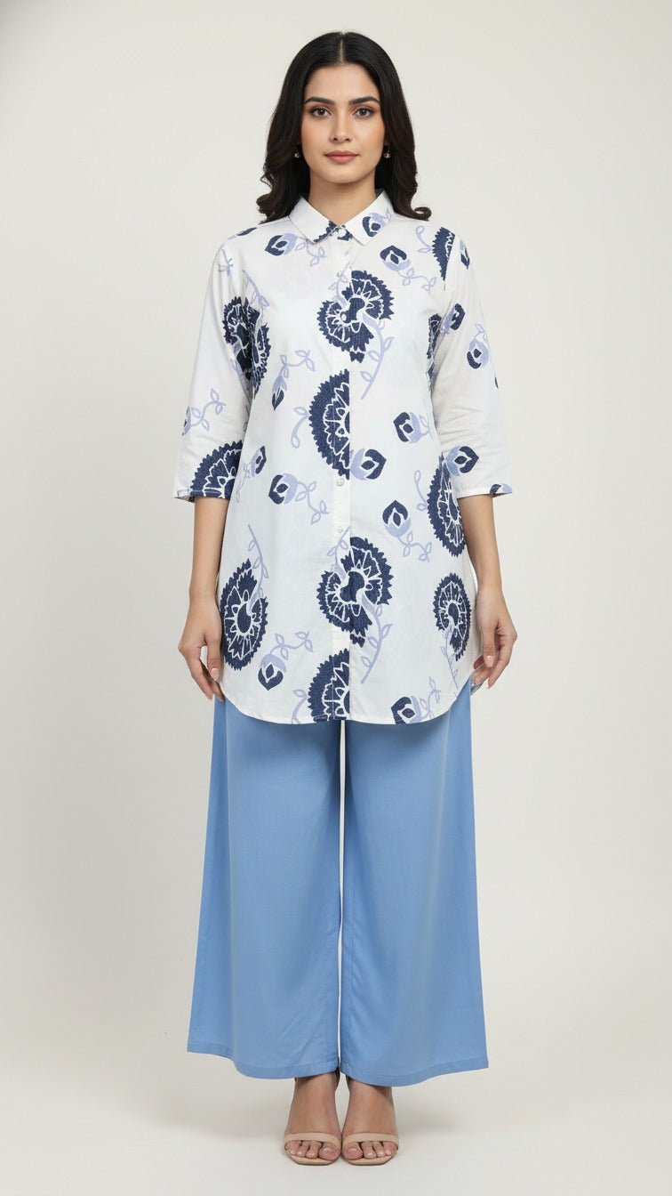 White & Indigo Floral Printed Long Kurti with Sky Blue Palazzo Set