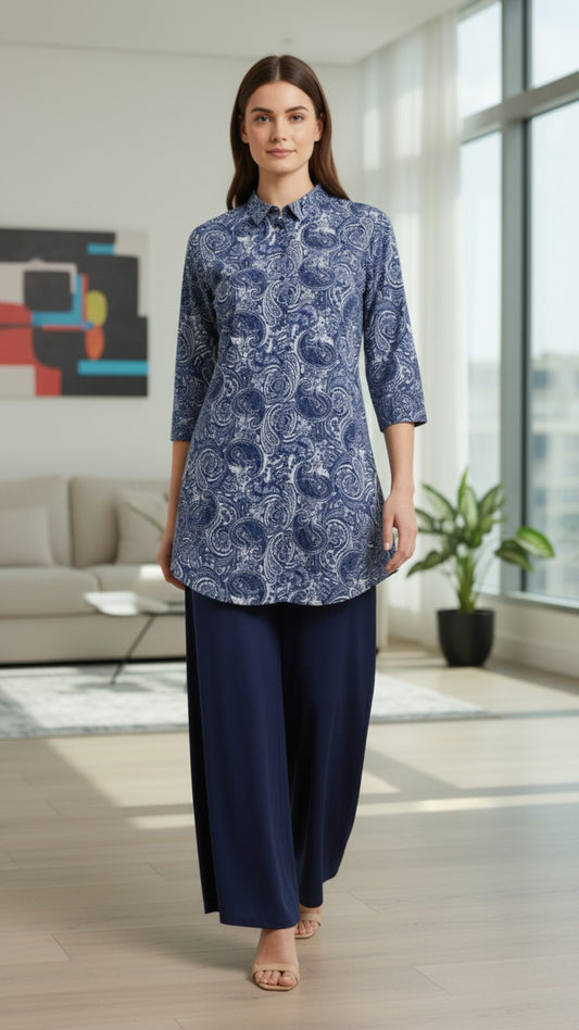 Indigo Paisley Printed Long Kurti with Navy Palazzo Set