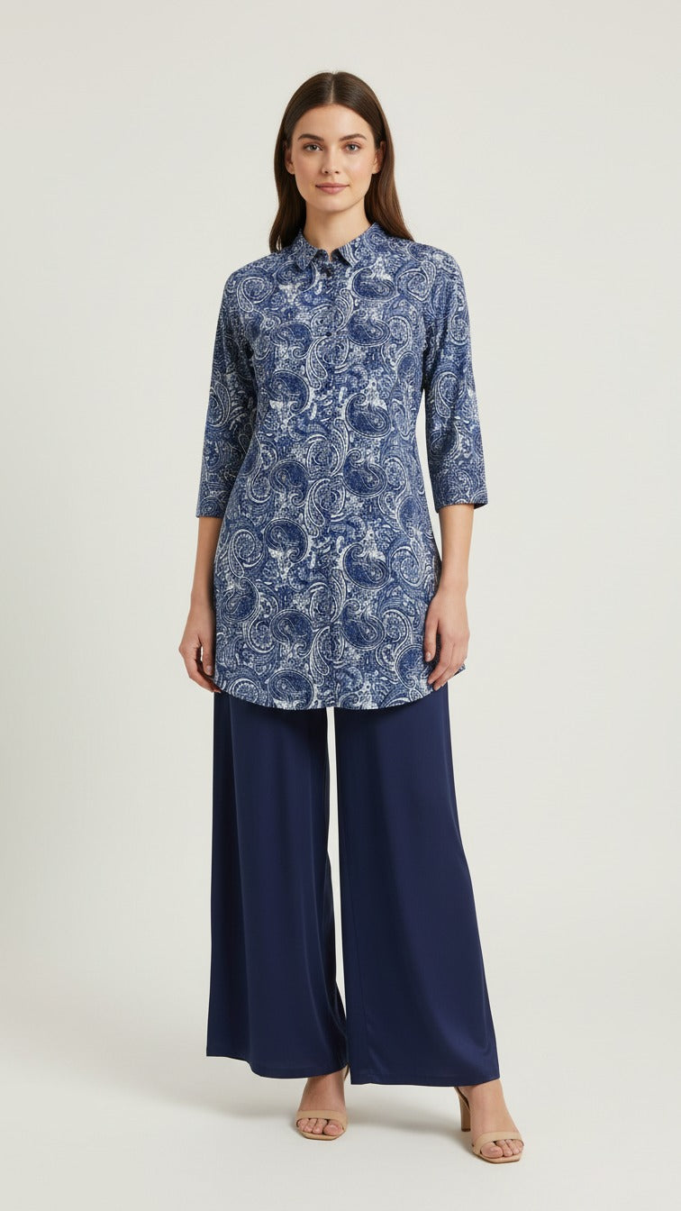 Indigo Paisley Printed Long Kurti with Navy Palazzo Set