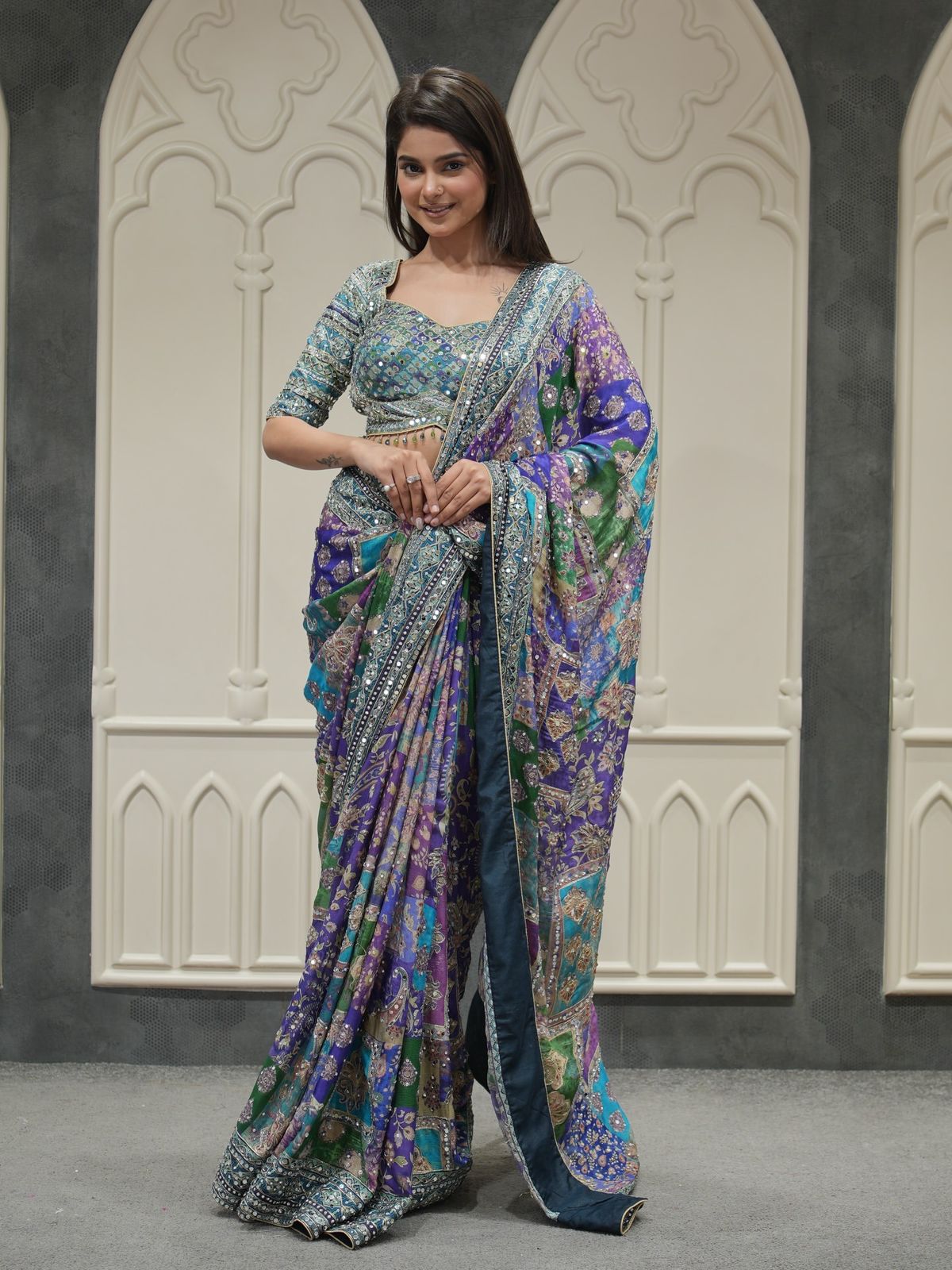 BLUE SOFT CHINNON SAREE WITH GOLD ZARI & REAL MIRROR WORK