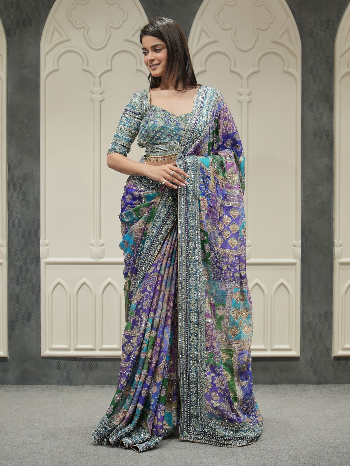 BLUE SOFT CHINNON SAREE WITH GOLD ZARI & REAL MIRROR WORK