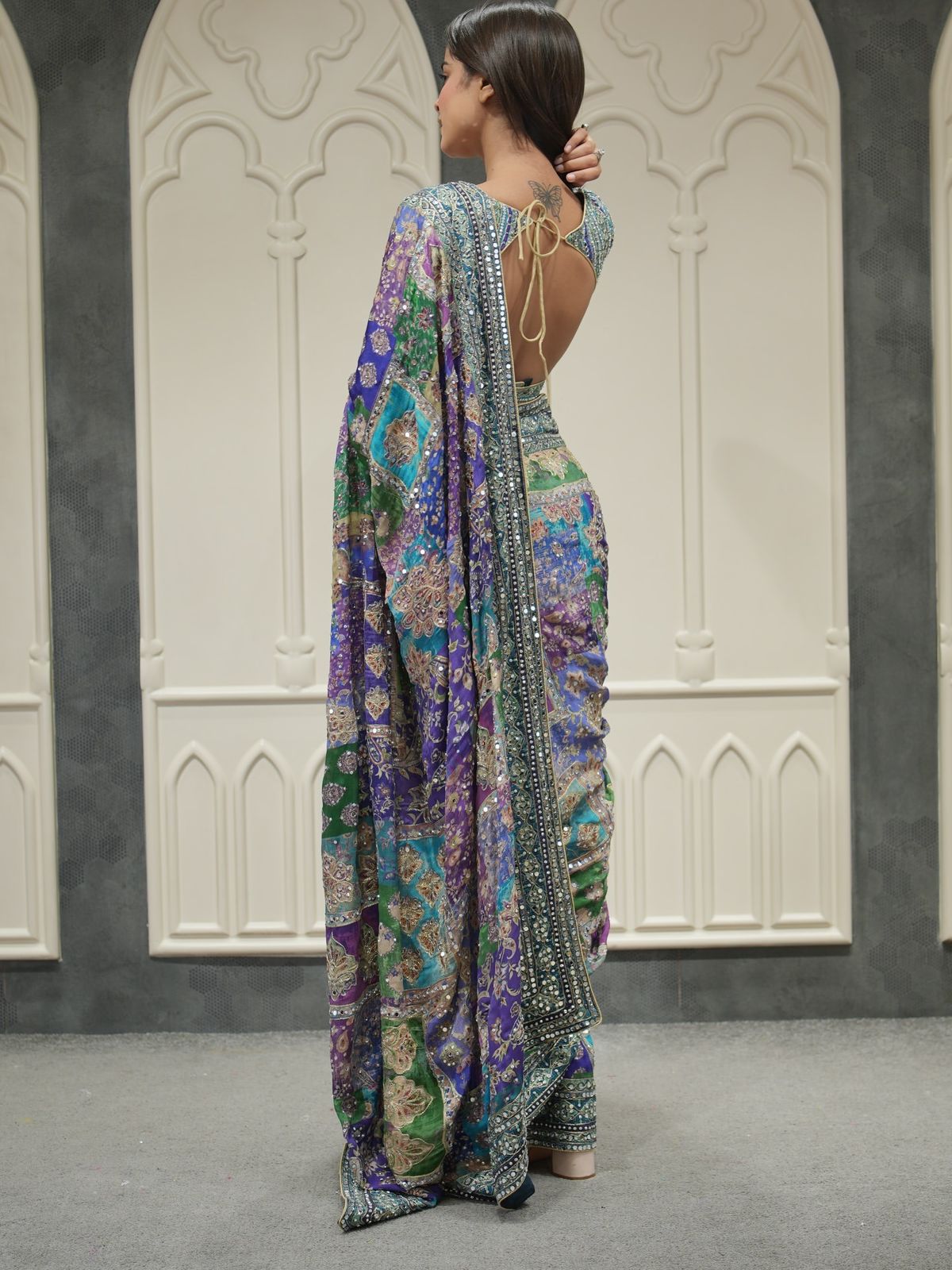 BLUE SOFT CHINNON SAREE WITH GOLD ZARI & REAL MIRROR WORK