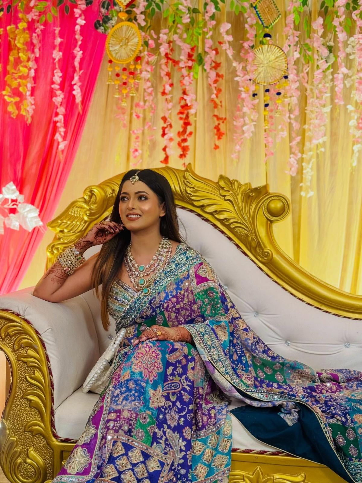 BLUE SOFT CHINNON SAREE WITH GOLD ZARI & REAL MIRROR WORK