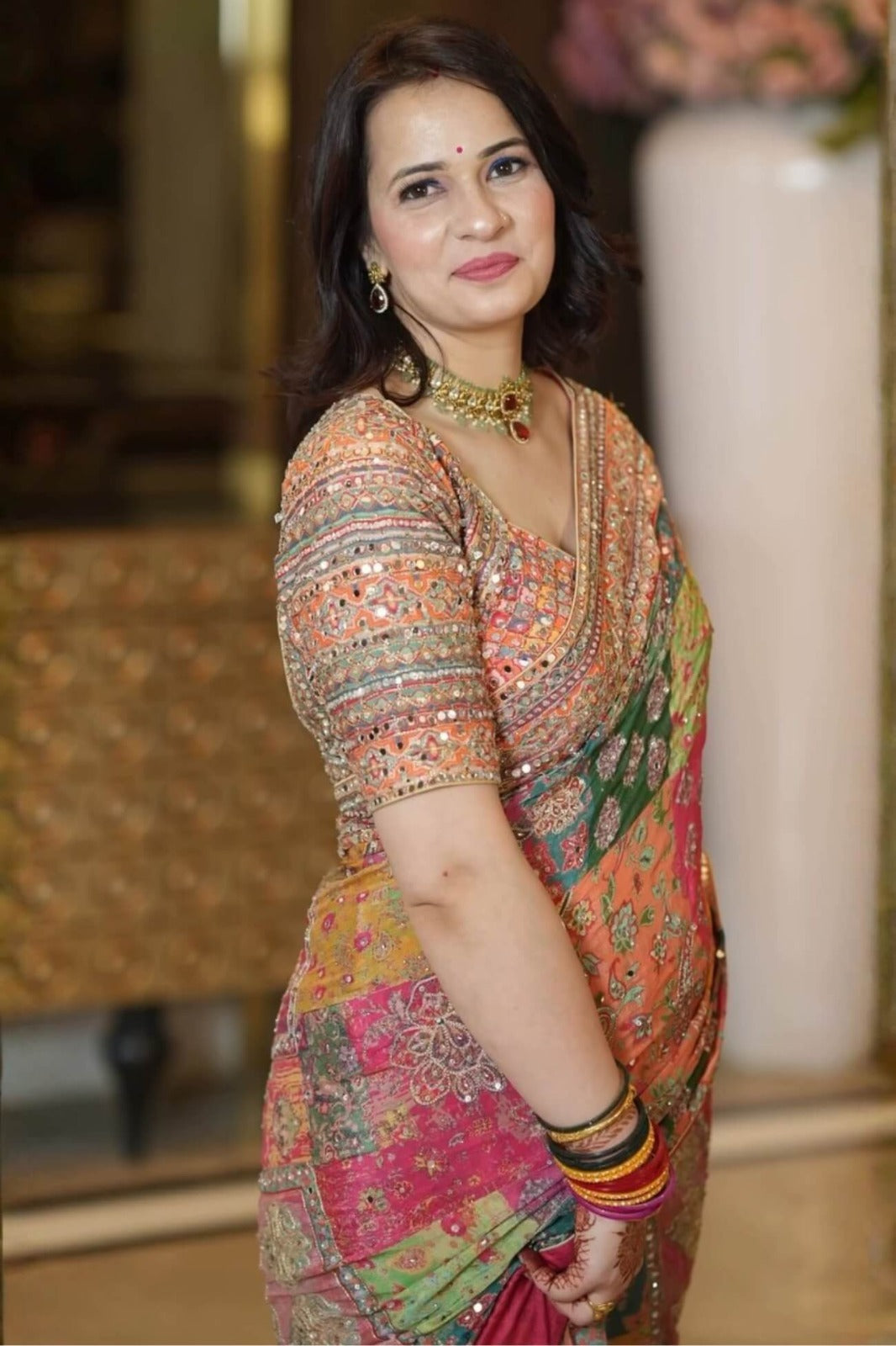 MULTICOLOR CHINON SILK PRINTED MIRROR WORK SAREE