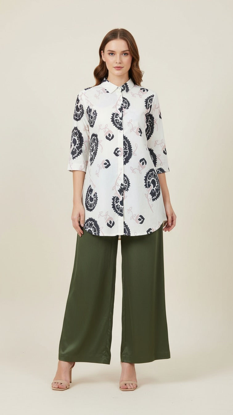 Ivory & Charcoal Floral Printed Long Kurti with Olive Green Palazzo Set