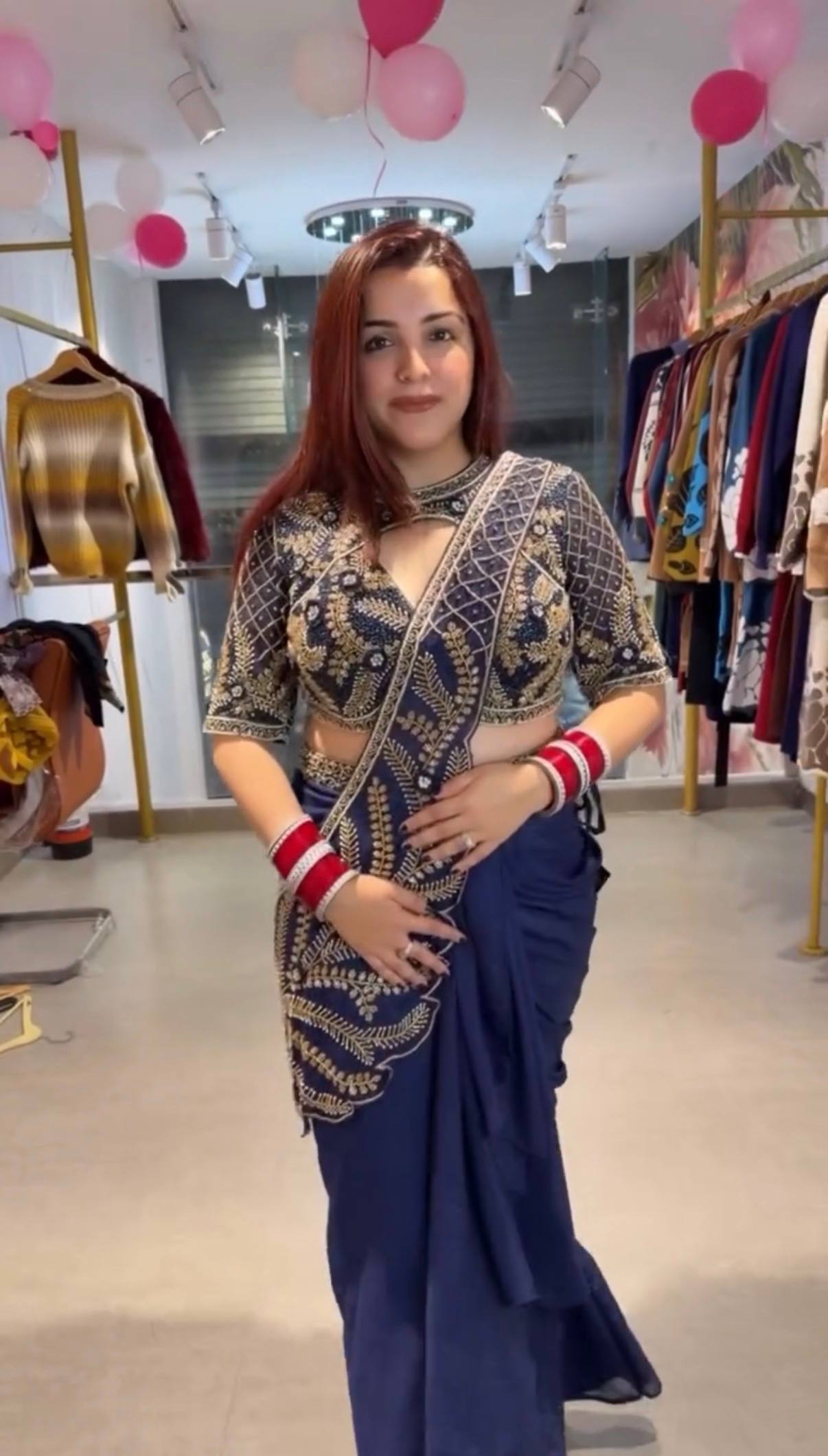 TRENDING READY TO WEAR SAREE WITH SEMI-BEADS & EMBROIDERED STYLIST BLOUSE