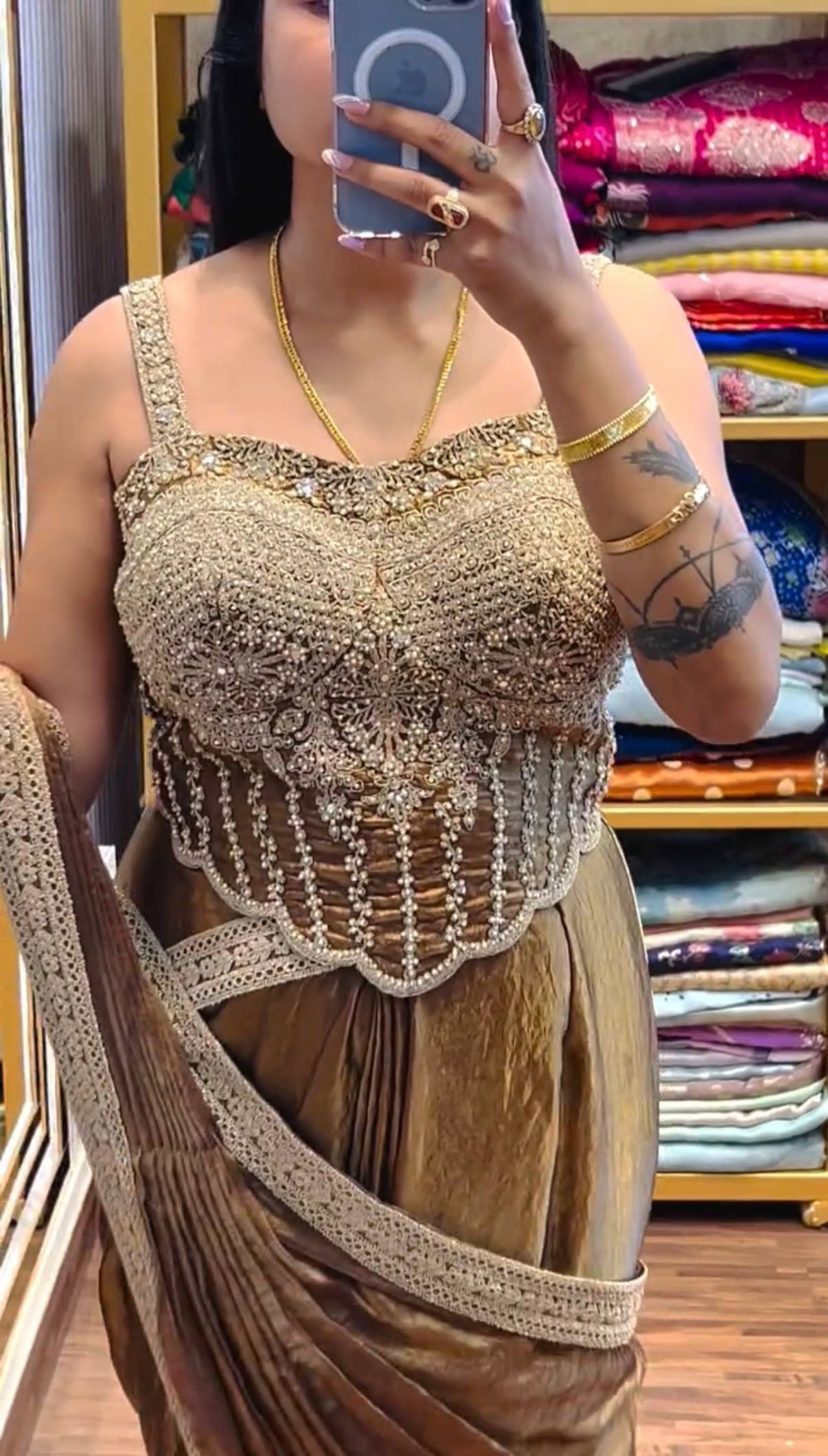 READY TO WEAR SAREE WITH FULLY HAND WORK & EMBROIDERED STYLIST BLOUSE