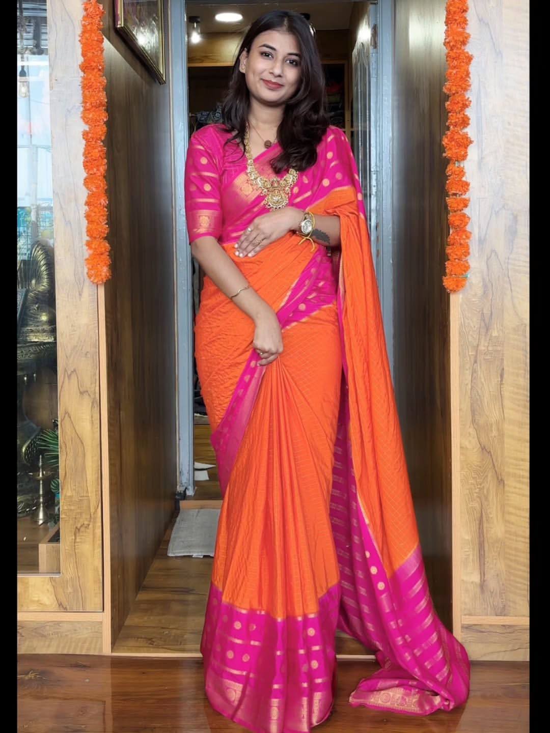 READY-TO-WEAR MYSORE SILK SAREE GOWN-EFFORTLESS PARTY WEAR FOR WOMEN