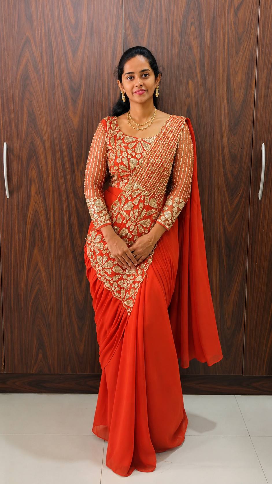 READY TO WEAR SAREE WITH FULLY SEMI-BEADS EMBROIDERED STYLIST BLOUSE