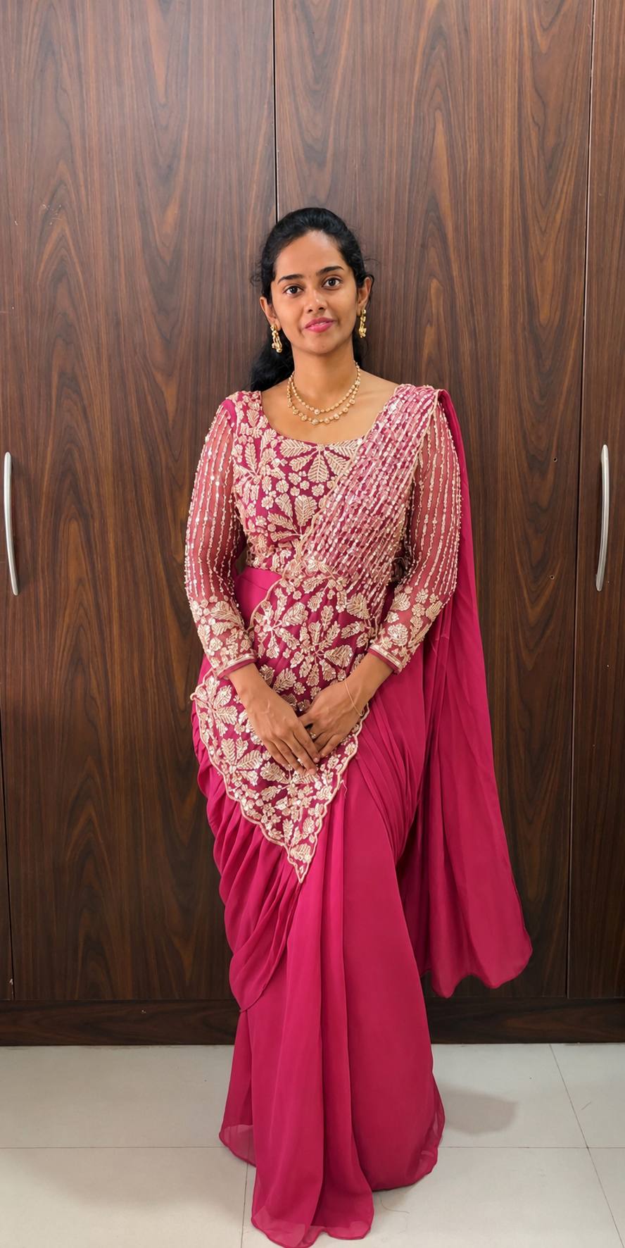 READY TO WEAR SAREE WITH FULLY SEMI-BEADS EMBROIDERED STYLIST BLOUSE