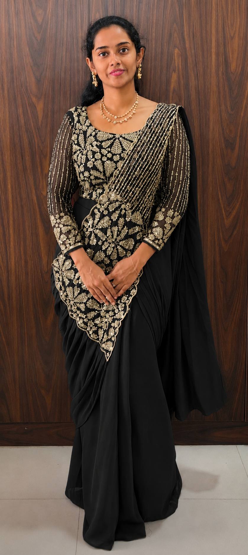 READY TO WEAR SAREE WITH FULLY SEMI-BEADS EMBROIDERED STYLIST BLOUSE